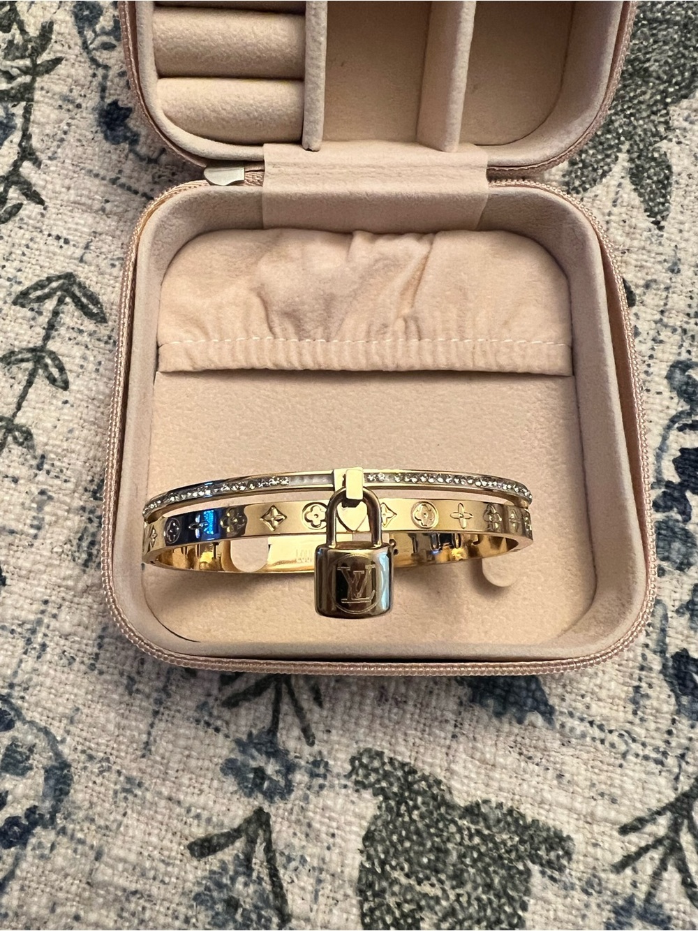 Gold Tone Padlock Monogram Bangle with Crystal Accents